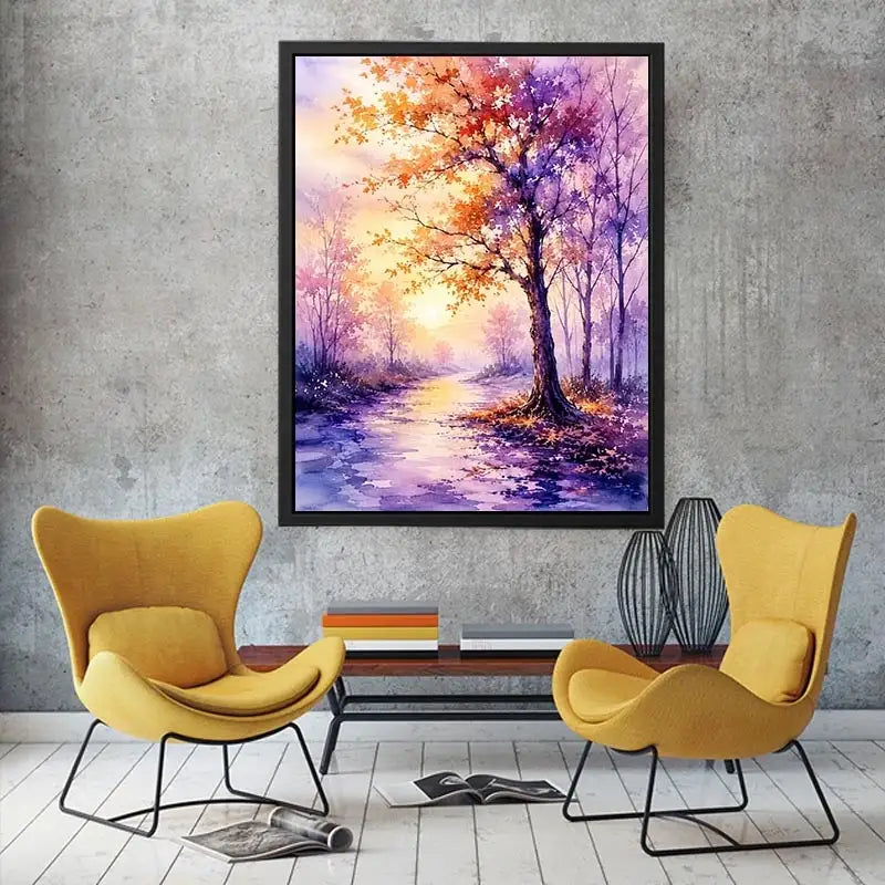 Watercolor autumn pathway with purple and orange trees