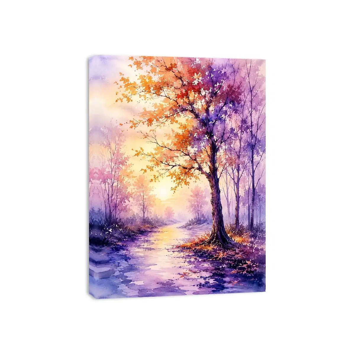Watercolor autumn pathway with purple and orange trees