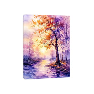 Watercolor autumn pathway with purple and orange trees