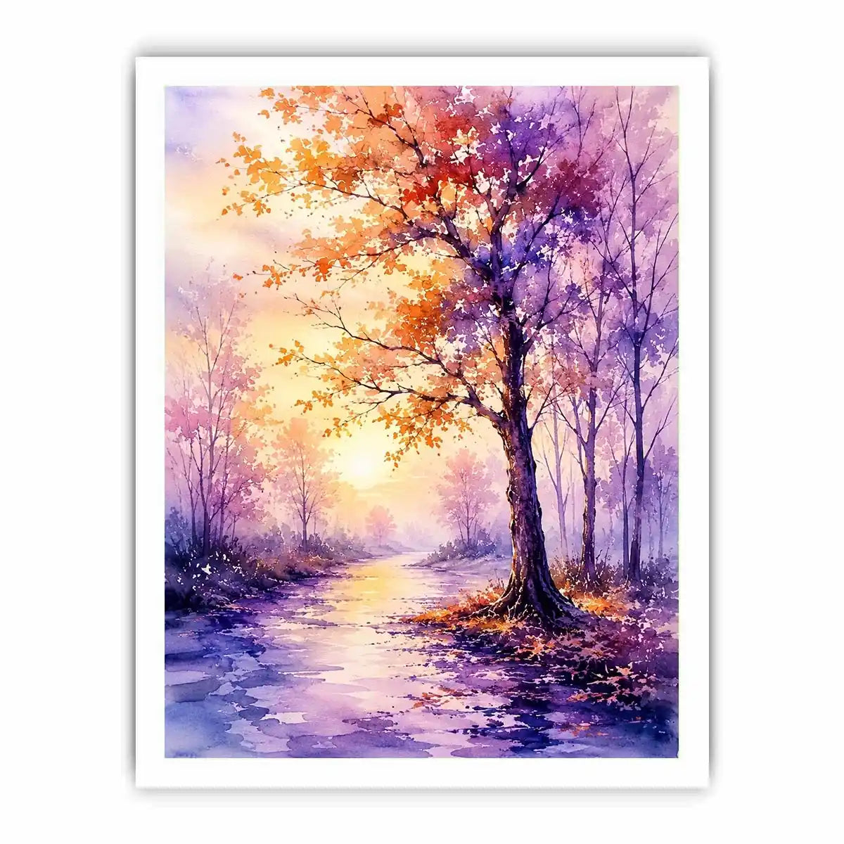 Watercolor autumn pathway with purple and orange trees