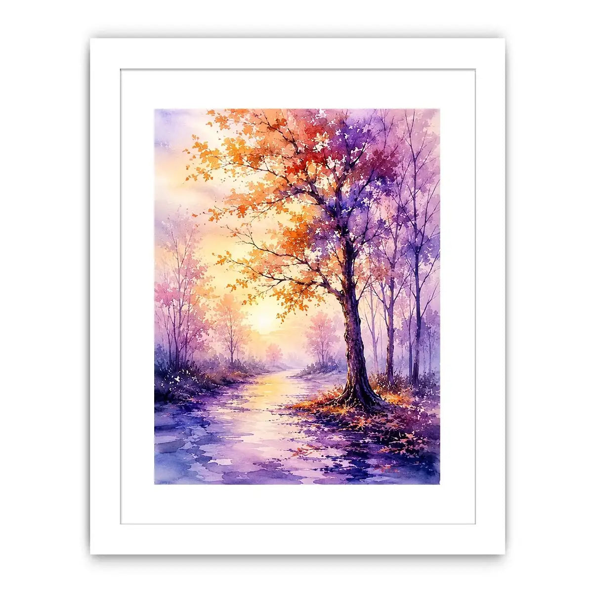 Watercolor autumn pathway with purple and orange trees