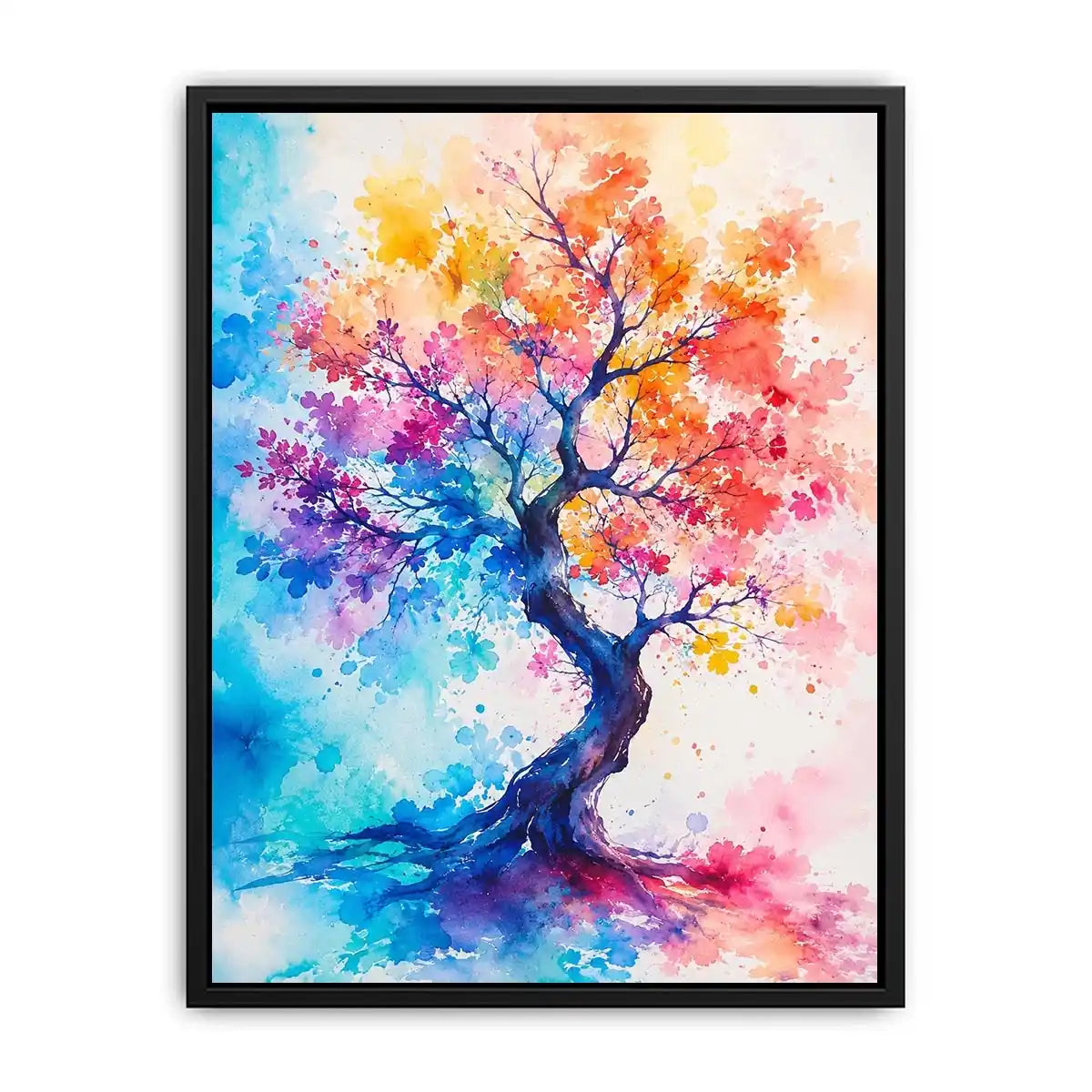 Colorful watercolor tree artwork with vibrant abstract leaves