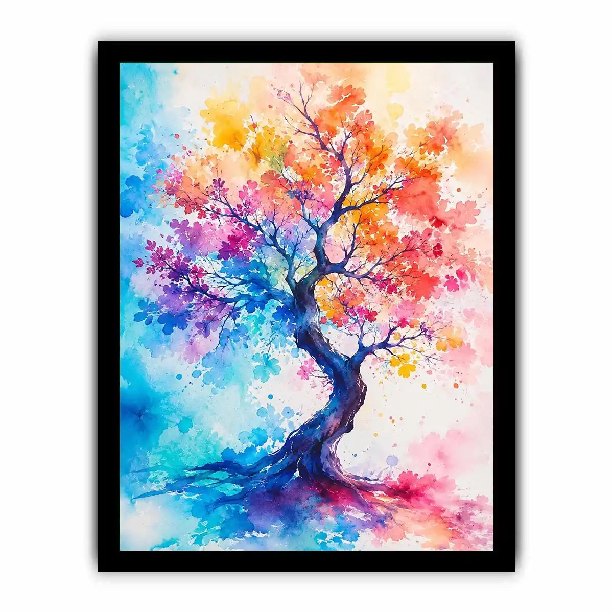 Colorful watercolor tree artwork with vibrant abstract leaves