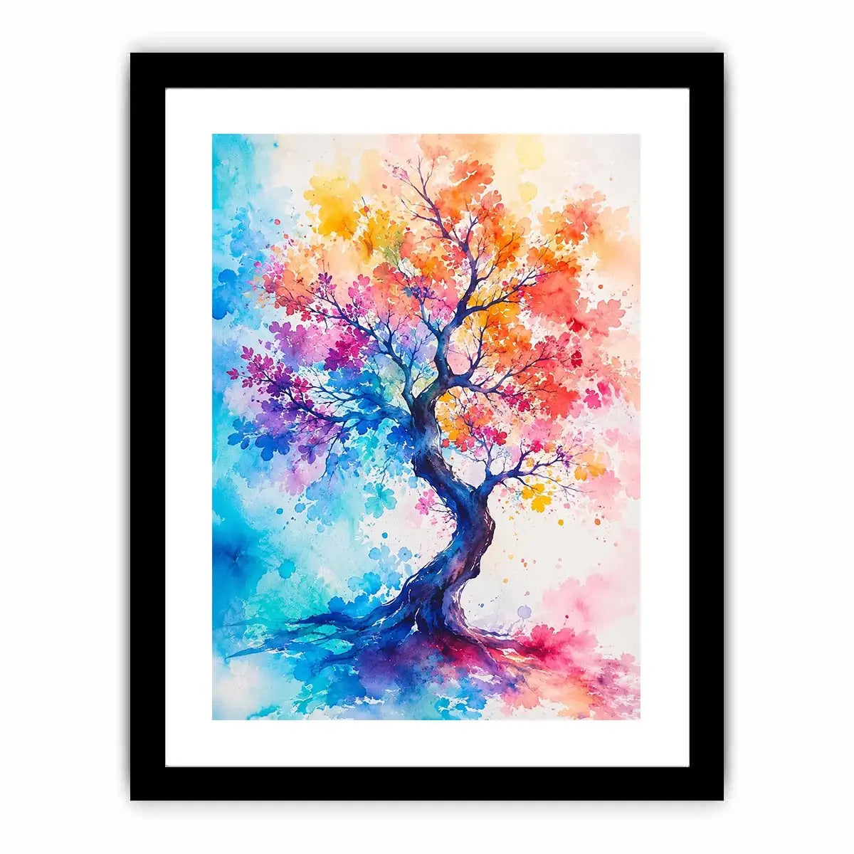 Colorful watercolor tree artwork with vibrant abstract leaves