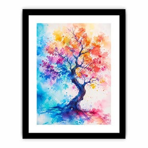 Colorful watercolor tree artwork with vibrant abstract leaves