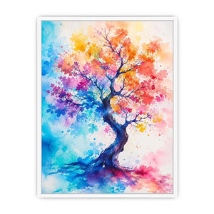 Colorful watercolor tree artwork with vibrant abstract leaves