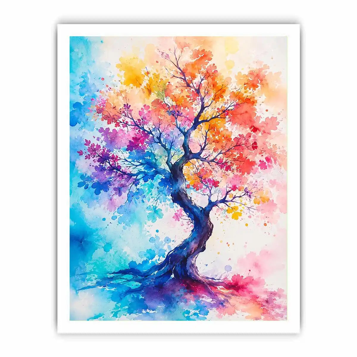 Colorful watercolor tree artwork with vibrant abstract leaves