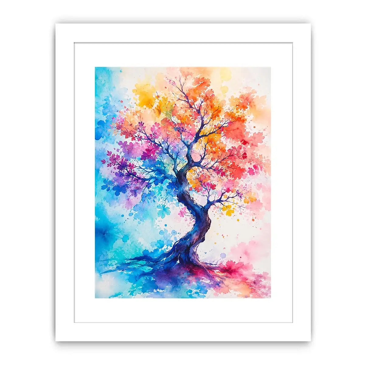 Colorful watercolor tree artwork with vibrant abstract leaves