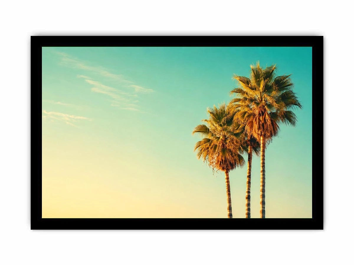 Tall tropical palm trees against soft pastel sky