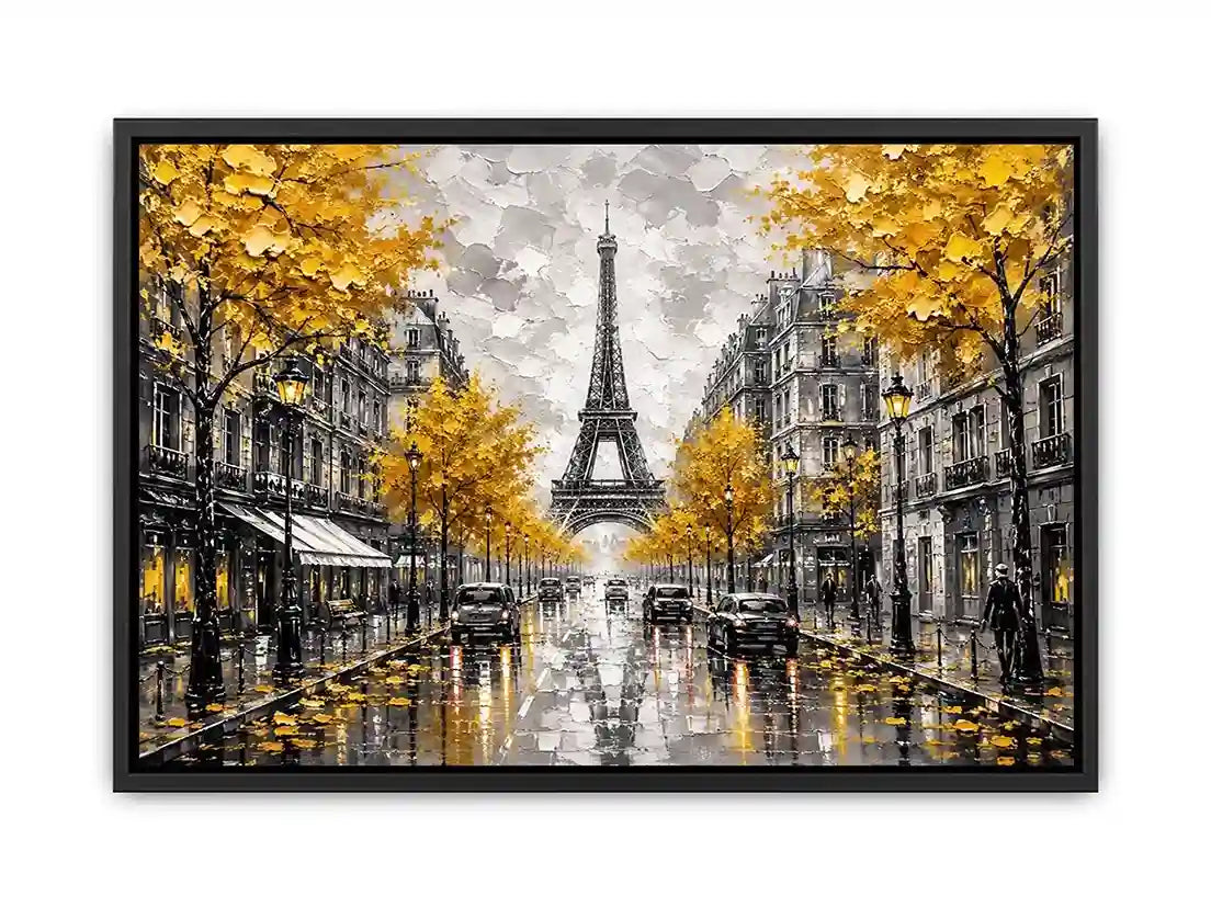 Paris street scene with Eiffel Tower and golden autumn leaves