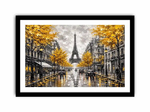 Paris street scene with Eiffel Tower and golden autumn leaves