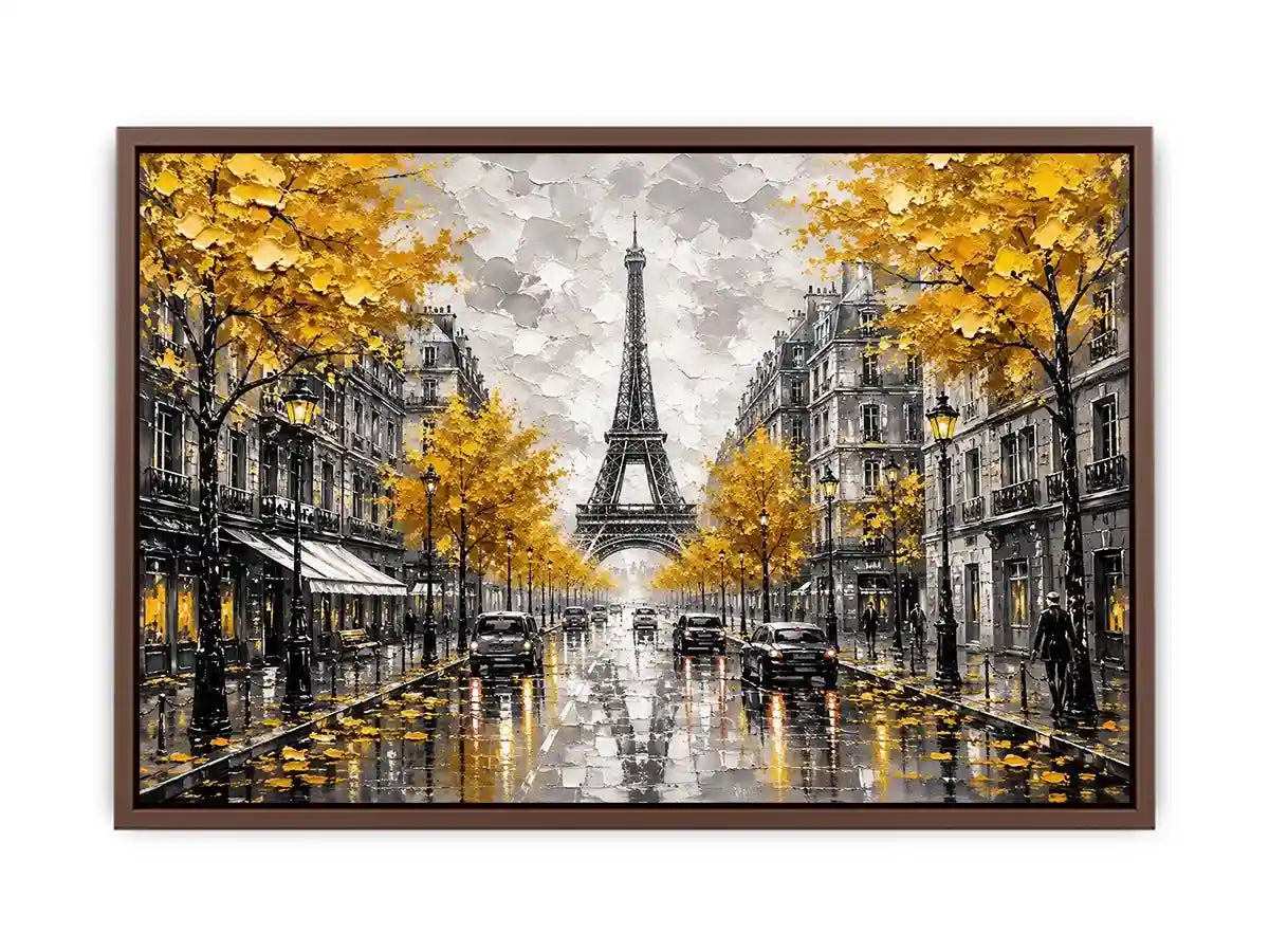 Paris street scene with Eiffel Tower and golden autumn leaves