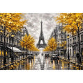 Paris street scene with Eiffel Tower and golden autumn leaves