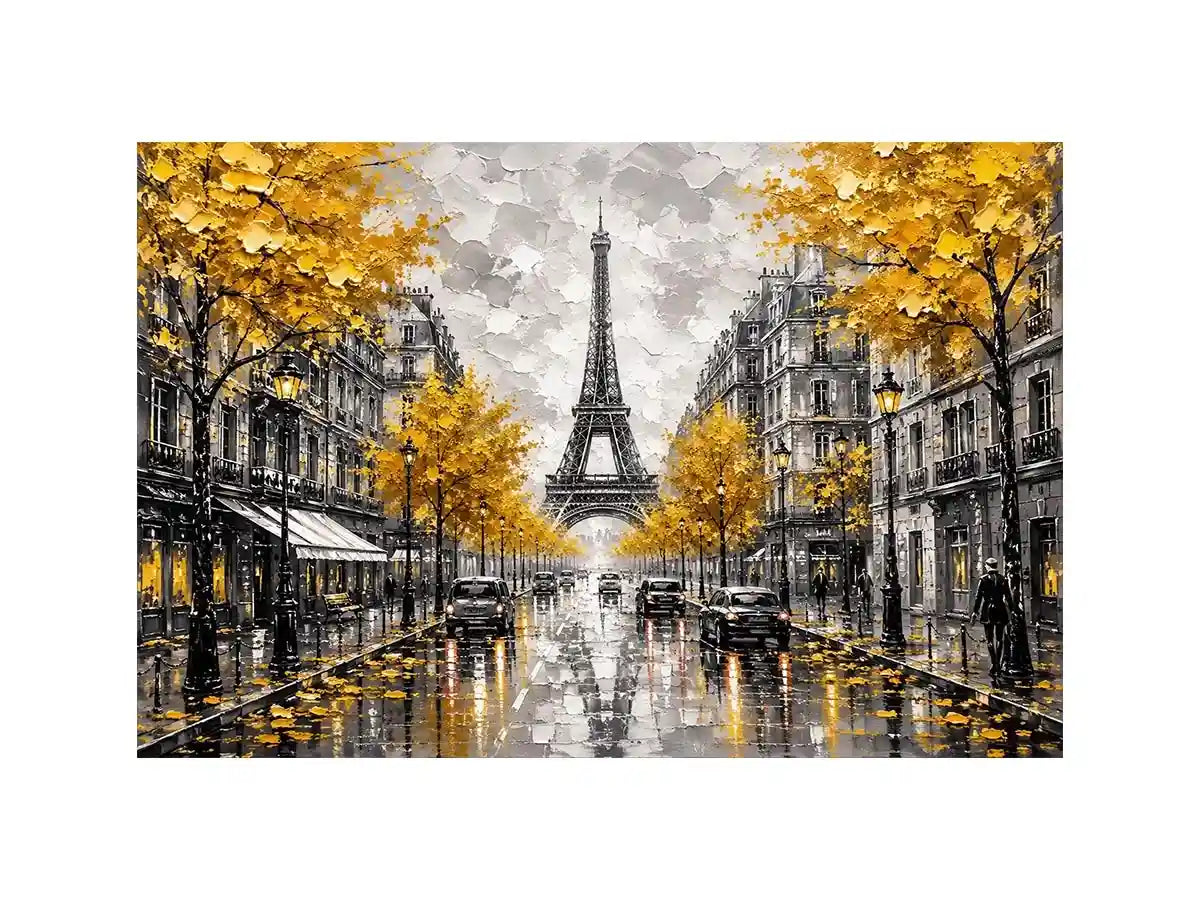 Paris street scene with Eiffel Tower and golden autumn leaves