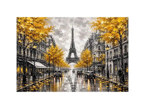 Paris street scene with Eiffel Tower and golden autumn leaves