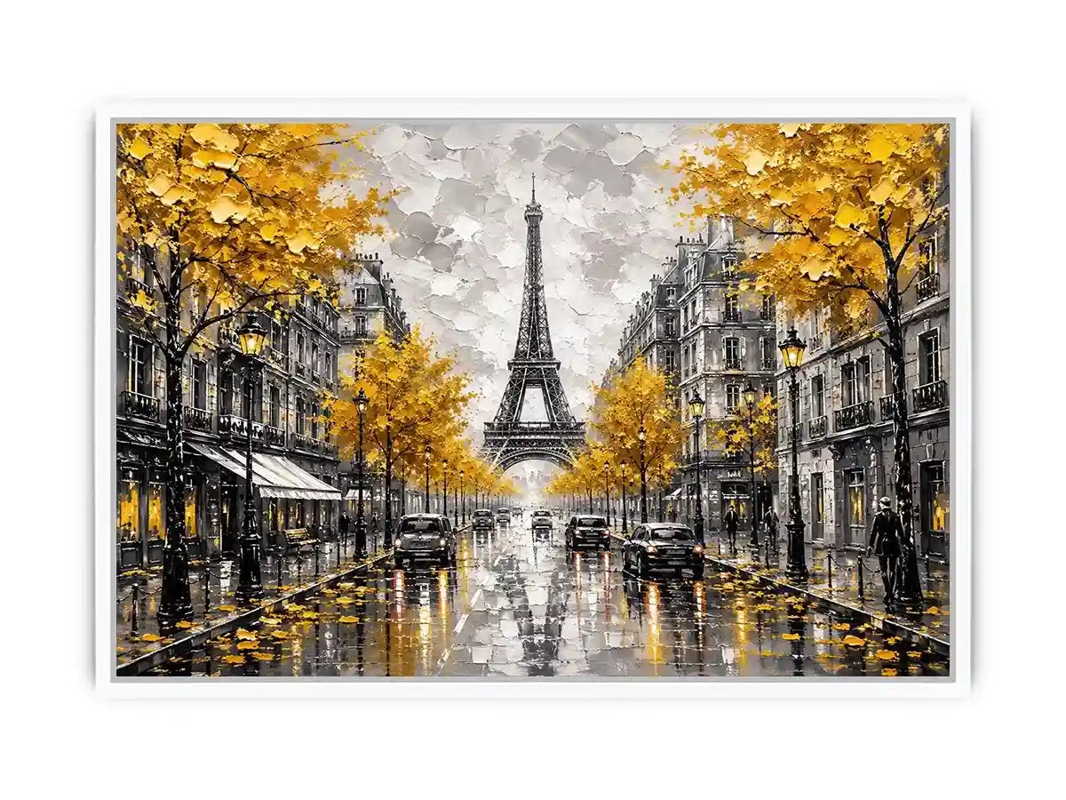 Paris street scene with Eiffel Tower and golden autumn leaves
