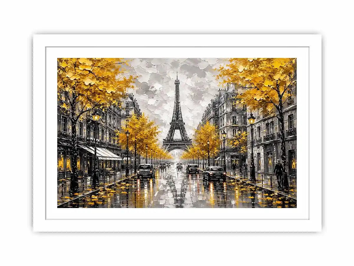 Paris street scene with Eiffel Tower and golden autumn leaves