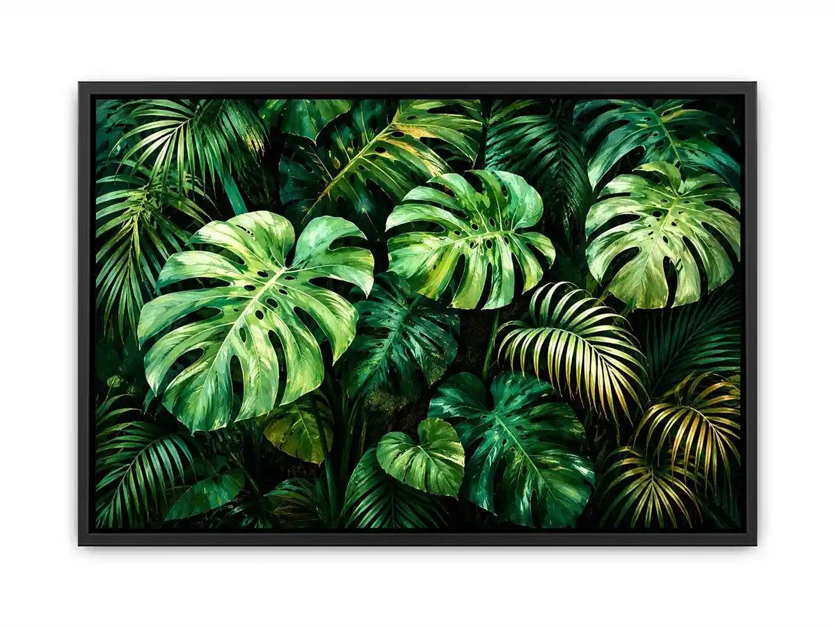 Emerald tropical monstera and palm leaves botanical artwork