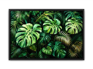 Emerald tropical monstera and palm leaves botanical artwork