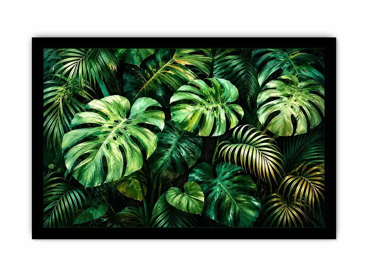 Emerald tropical monstera and palm leaves botanical artwork