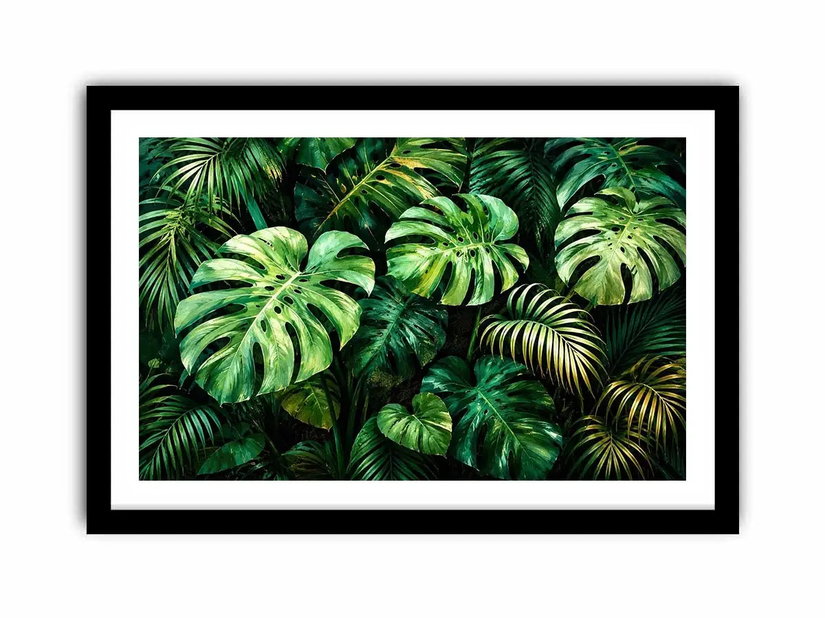 Emerald tropical monstera and palm leaves botanical artwork