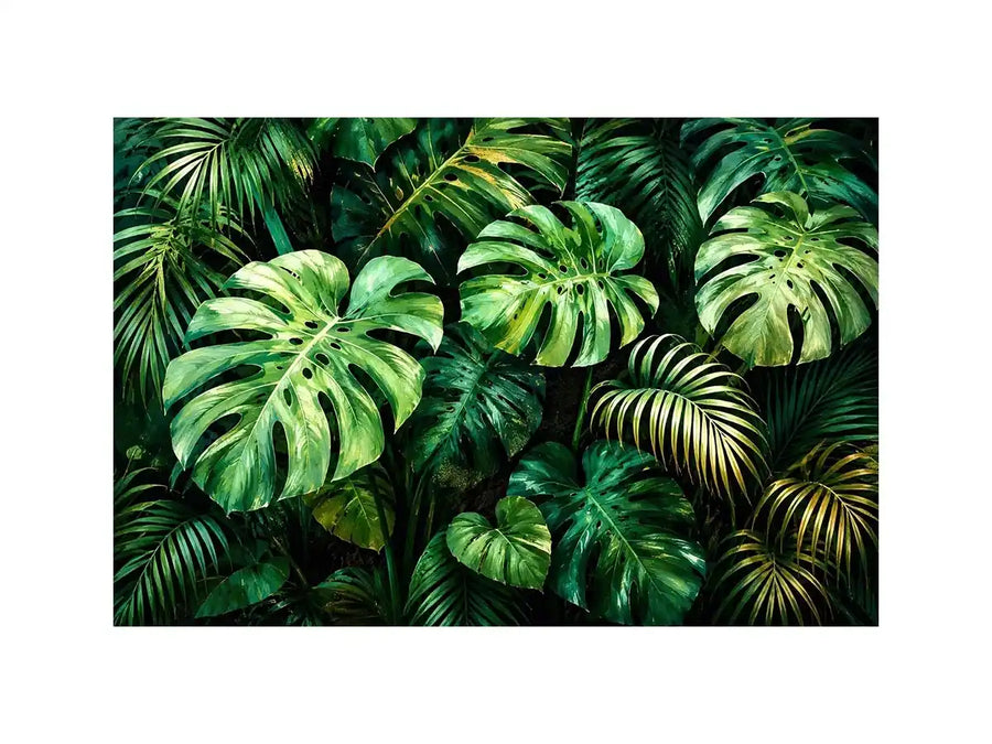 Emerald tropical monstera and palm leaves botanical artwork