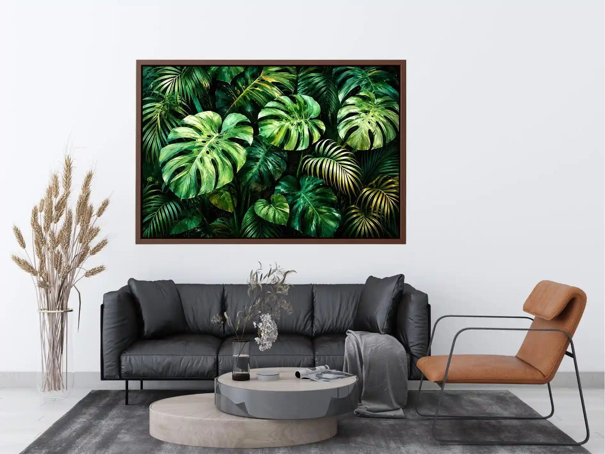Emerald tropical monstera and palm leaves botanical artwork