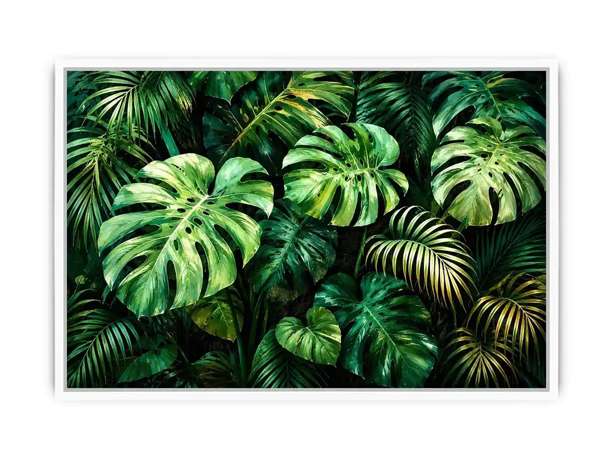 Emerald tropical monstera and palm leaves botanical artwork