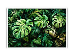 Emerald tropical monstera and palm leaves botanical artwork