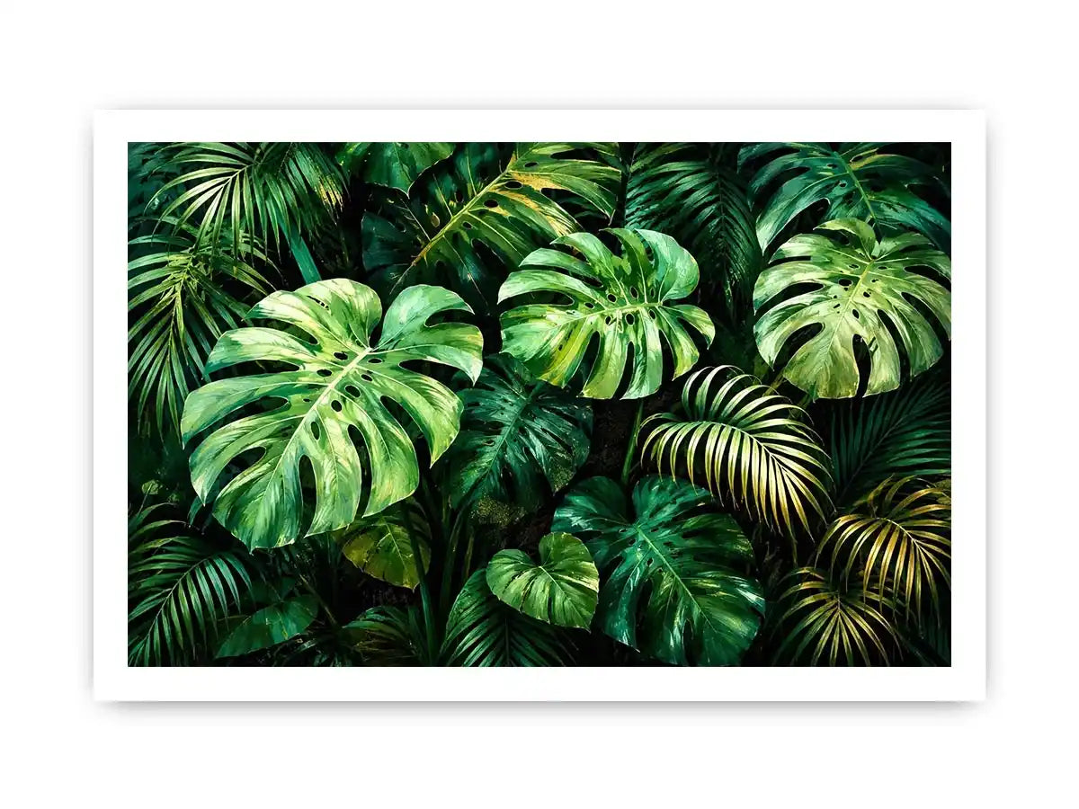 Emerald tropical monstera and palm leaves botanical artwork