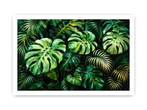 Emerald tropical monstera and palm leaves botanical artwork