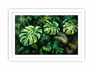Emerald tropical monstera and palm leaves botanical artwork
