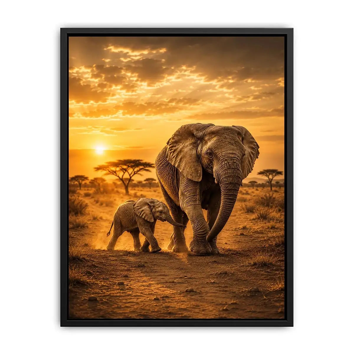 Baby elephant walking beside mother in black and white photography