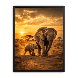 Baby elephant walking beside mother in black and white photography