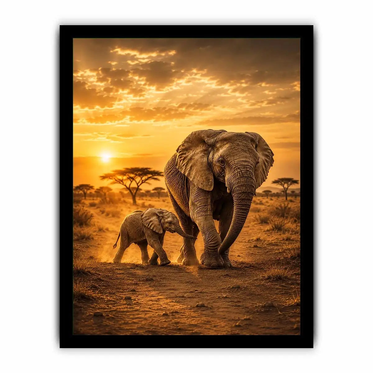 Baby elephant walking beside mother in black and white photography