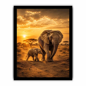 Baby elephant walking beside mother in black and white photography