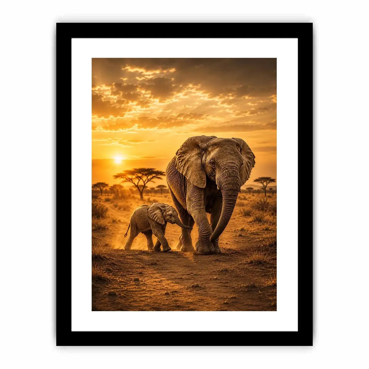 Baby elephant walking beside mother in black and white photography