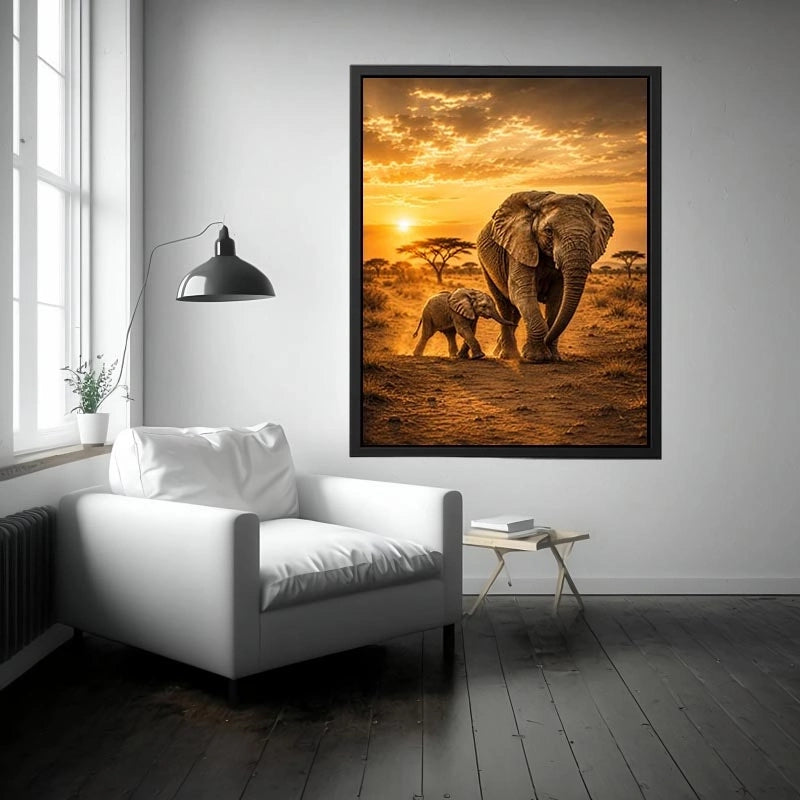 Baby elephant walking beside mother in black and white photography