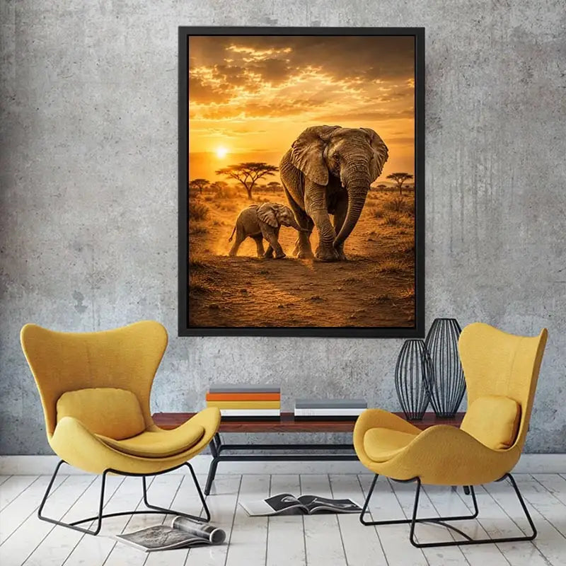 Baby elephant walking beside mother in black and white photography
