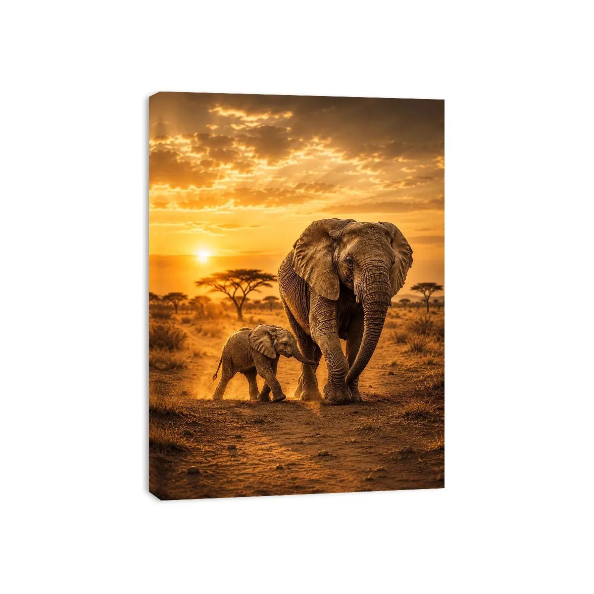 Baby elephant walking beside mother in black and white photography