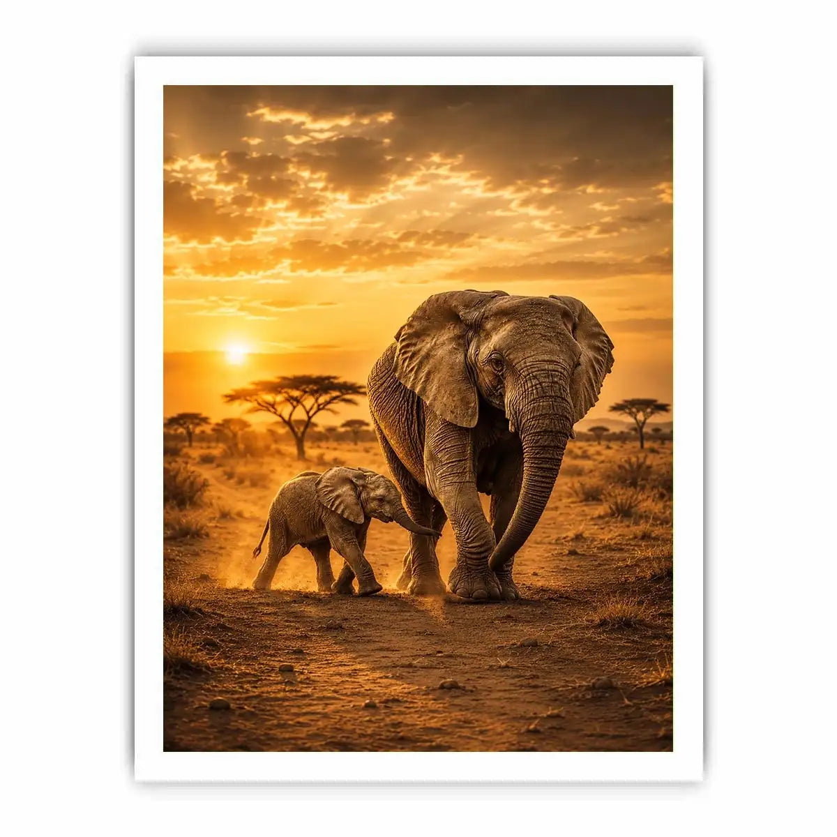 Baby elephant walking beside mother in black and white photography