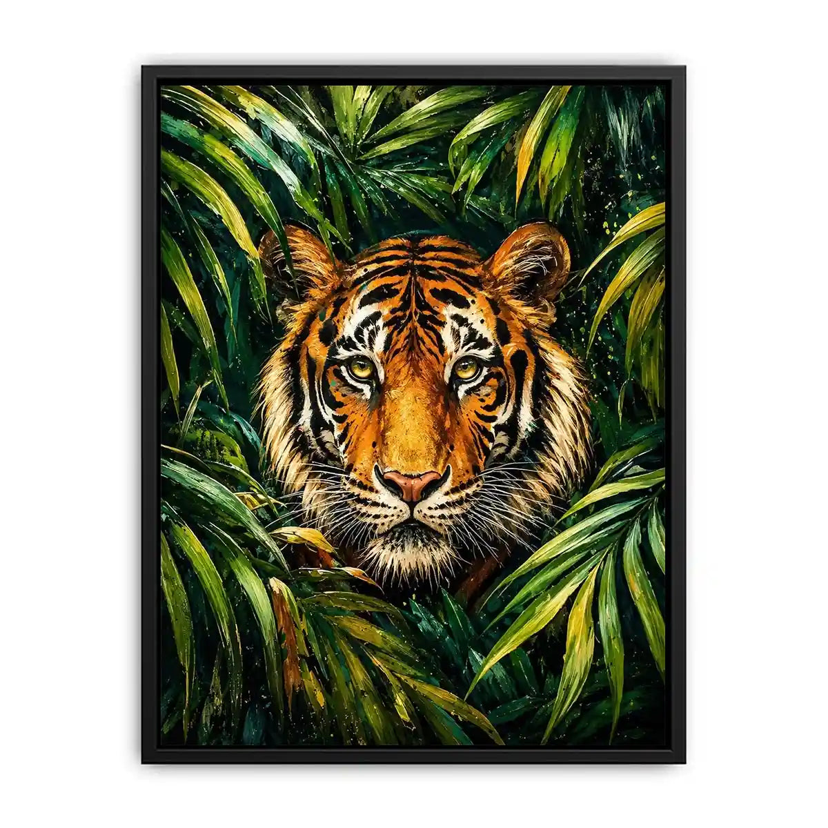 Majestic tiger emerging through lush green jungle foliage in expressive wildlife painting style