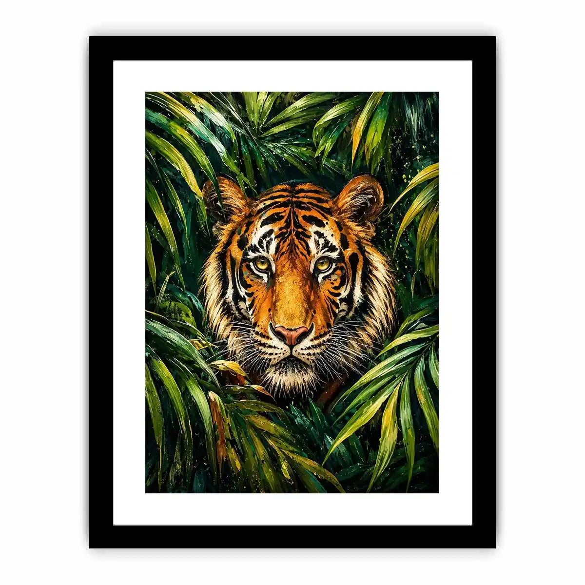 Majestic tiger emerging through lush green jungle foliage in expressive wildlife painting style