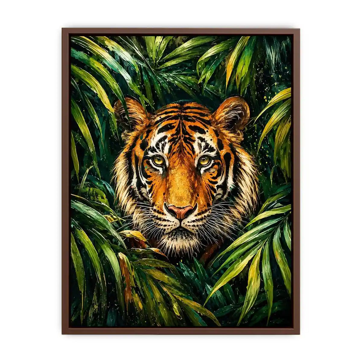 Majestic tiger emerging through lush green jungle foliage in expressive wildlife painting style