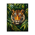 Majestic tiger emerging through lush green jungle foliage in expressive wildlife painting style