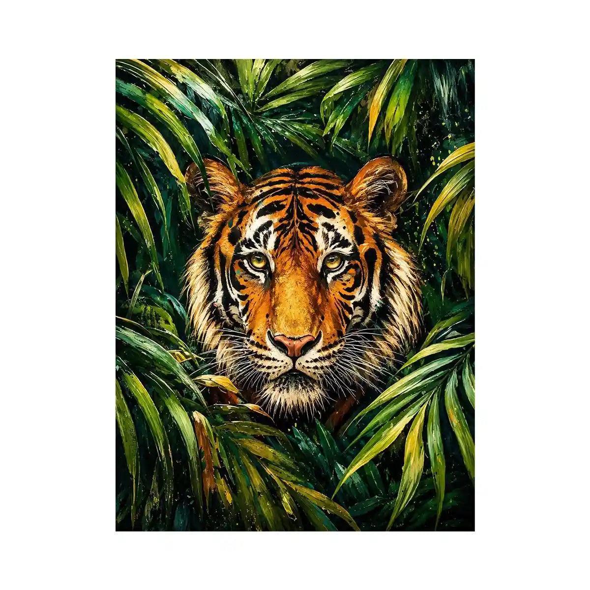 Majestic tiger emerging through lush green jungle foliage in expressive wildlife painting style