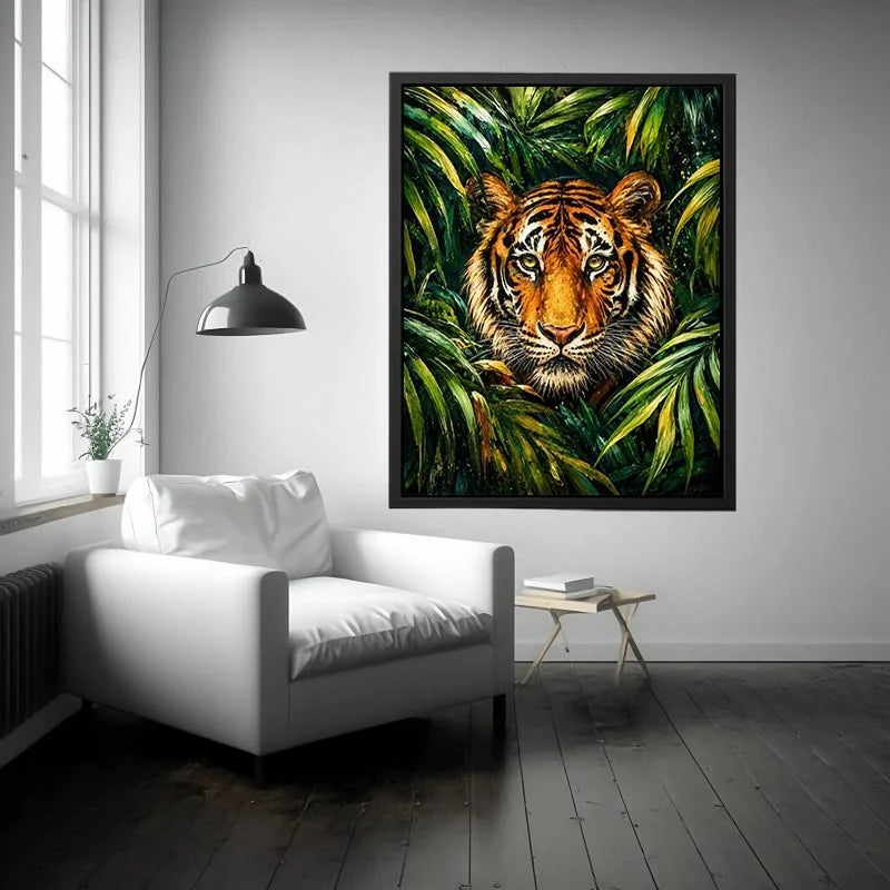 Majestic tiger emerging through lush green jungle foliage in expressive wildlife painting style