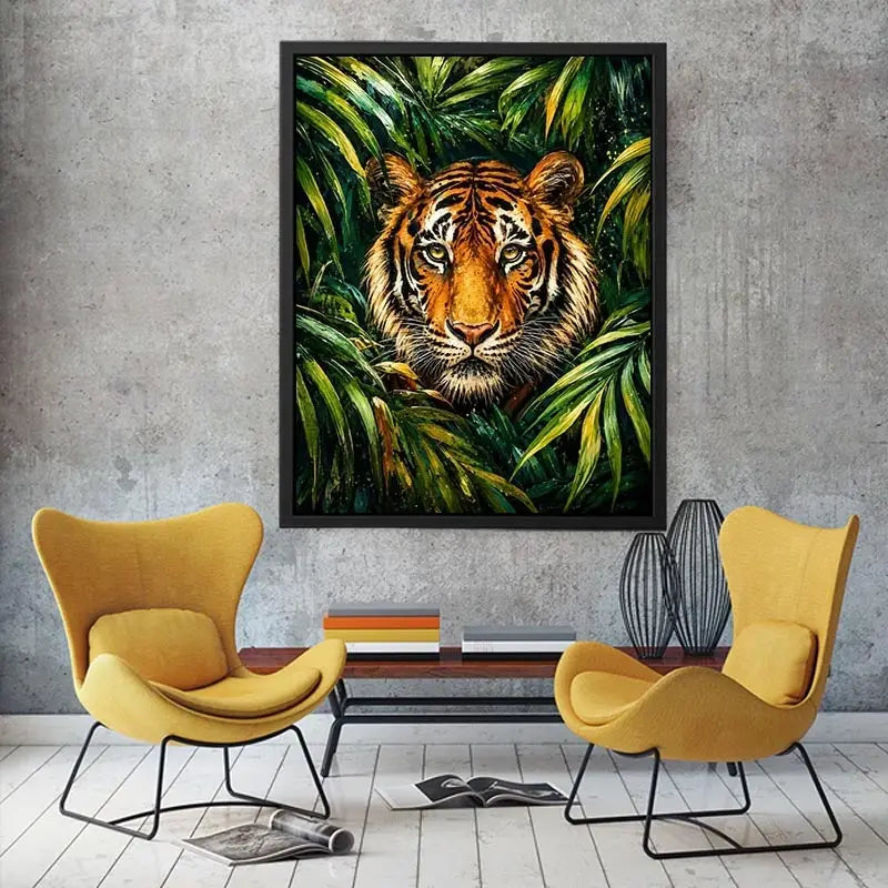 Majestic tiger emerging through lush green jungle foliage in expressive wildlife painting style