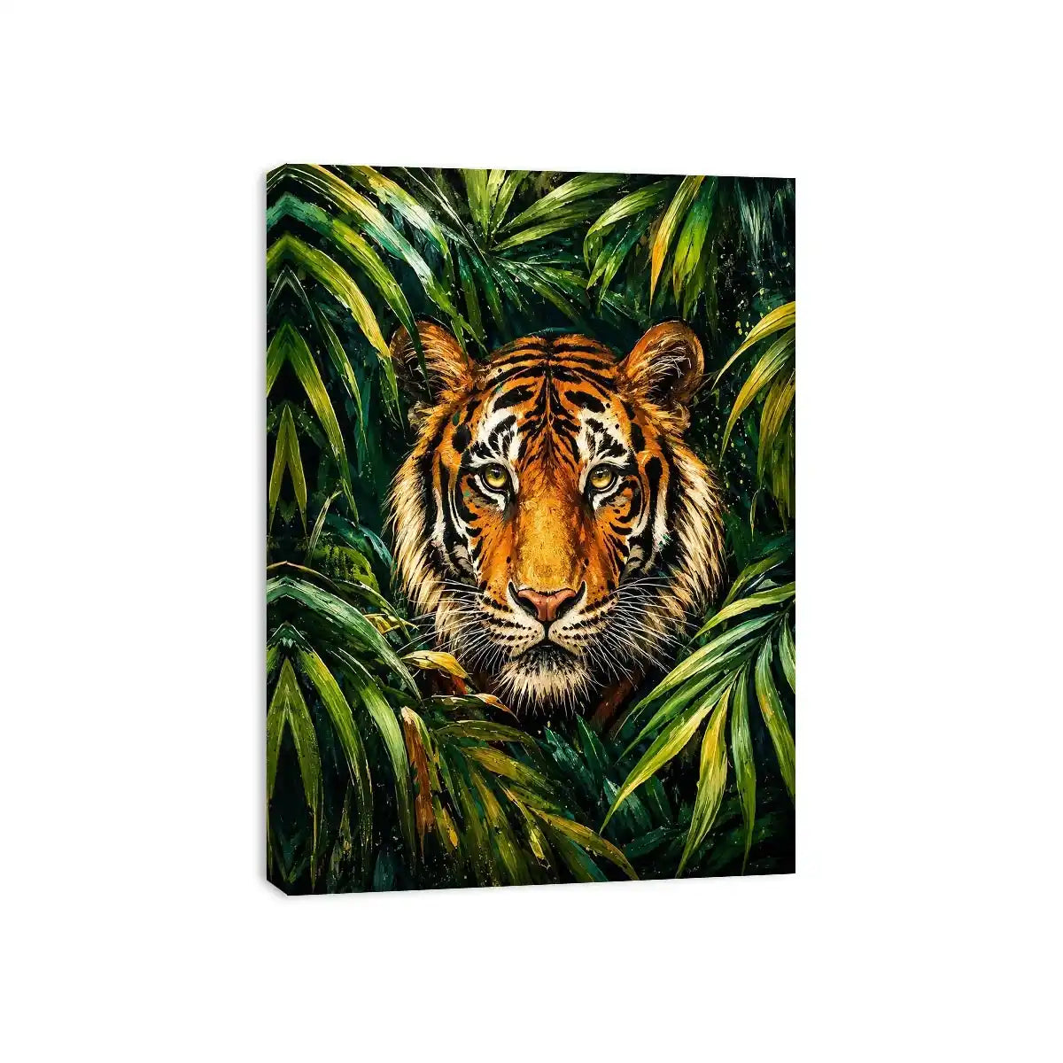 Majestic tiger emerging through lush green jungle foliage in expressive wildlife painting style