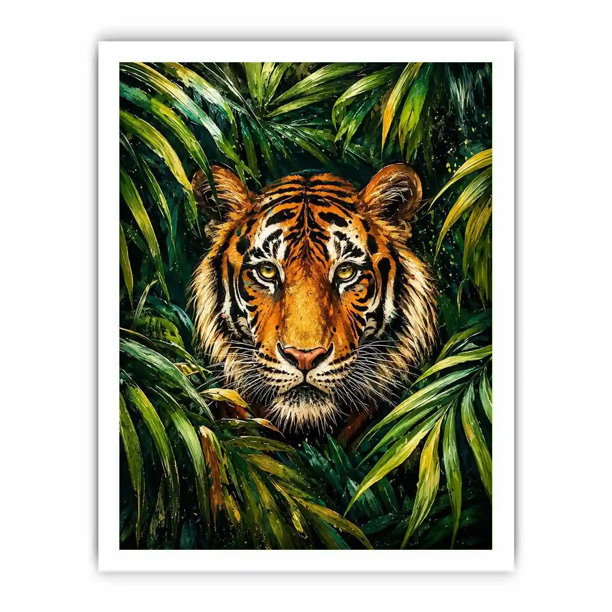 Majestic tiger emerging through lush green jungle foliage in expressive wildlife painting style